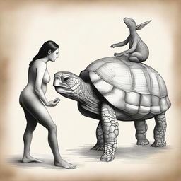 Create a creature with the body of a turtle and the head of a woman, blending both aspects harmoniously.