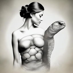 Create a creature with the body of a turtle and the head of a woman, blending both aspects harmoniously.