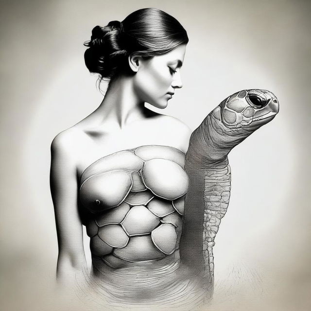 Create a creature with the body of a turtle and the head of a woman, blending both aspects harmoniously.