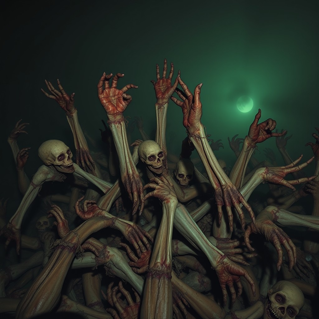 A chaotic and eerie scene depicting a swarm of zombie limbs, with severed arms and legs crawling frantically over each other