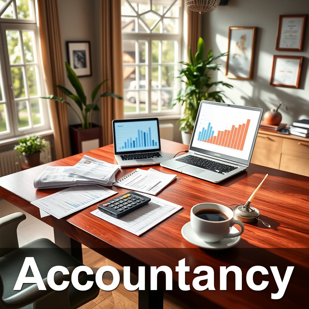 A visually appealing representation of accountancy concepts, featuring a stylish office setting with a large wooden desk covered in financial documents, a laptop showing charts and graphs, a calculator, and a steaming cup of coffee