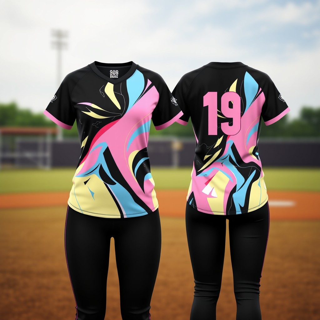 A stylish softball uniform featuring black pants and a jersey