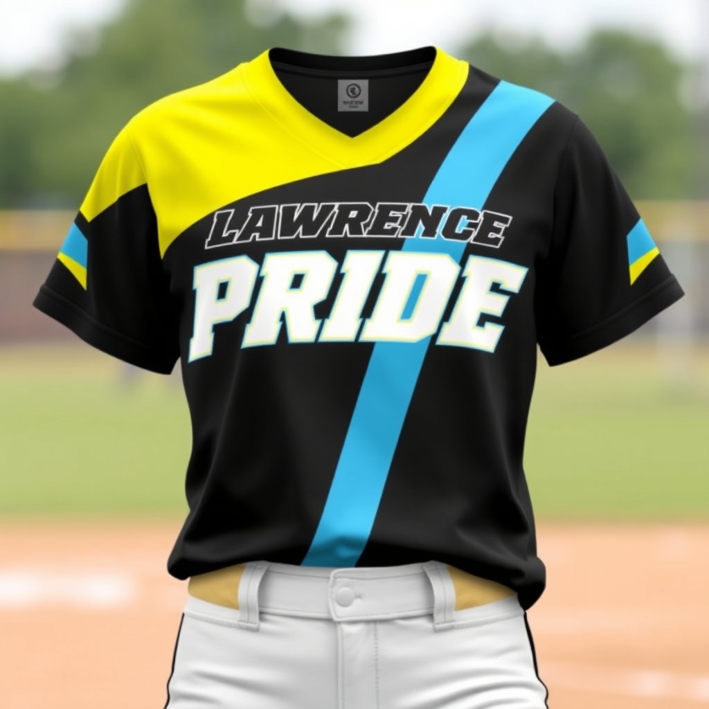 A sporty and dynamic design featuring a black, light yellow, and light blue softball uniform