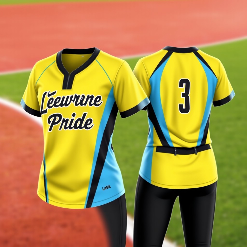 A stylish softball uniform design showcasing a shirt that is predominantly light yellow with black and light blue accents