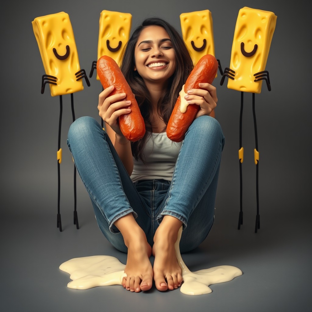 A very attractive young Pakistani woman, 18 years old, sitting with her bare feet facing the camera, with her thighs raised and knees bent