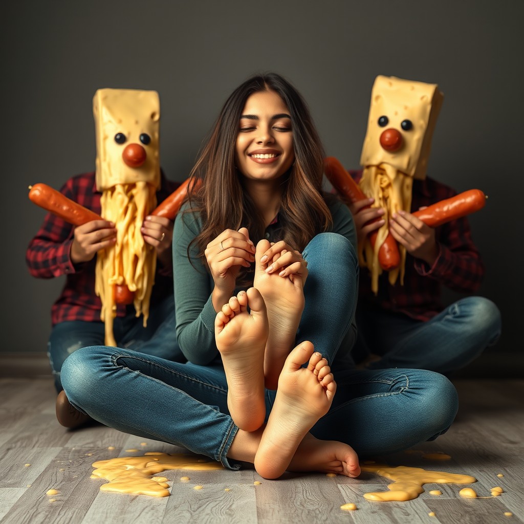 A very attractive Pakistani girl, 18 years old, sitting in a playful pose with her bare feet slightly elevated off the floor, her toes curled and pressed against her thighs