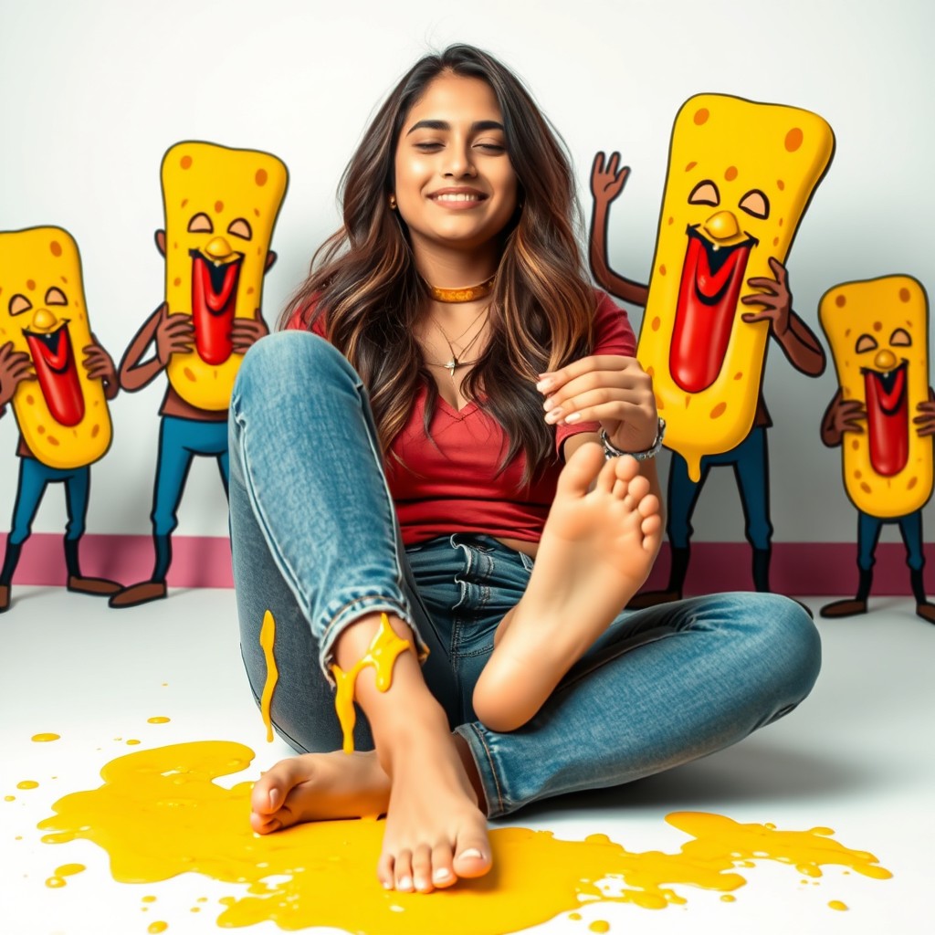 A beautiful young Pakistani woman, 18 years old, sitting comfortably with her bare feet raised slightly off the ground, lightly clenched to her thighs