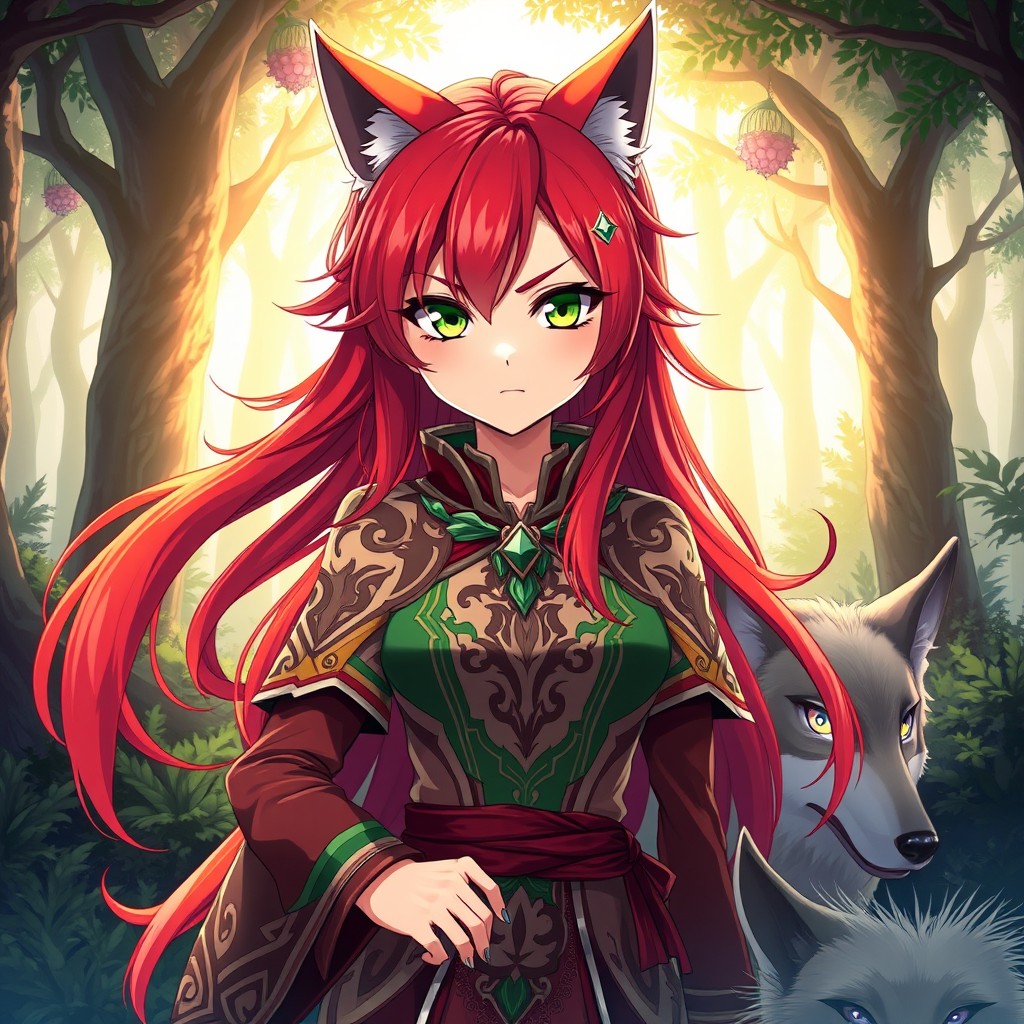 An anime-style illustration of a striking girl with vibrant red hair, embodying a fierce and captivating wolf spirit