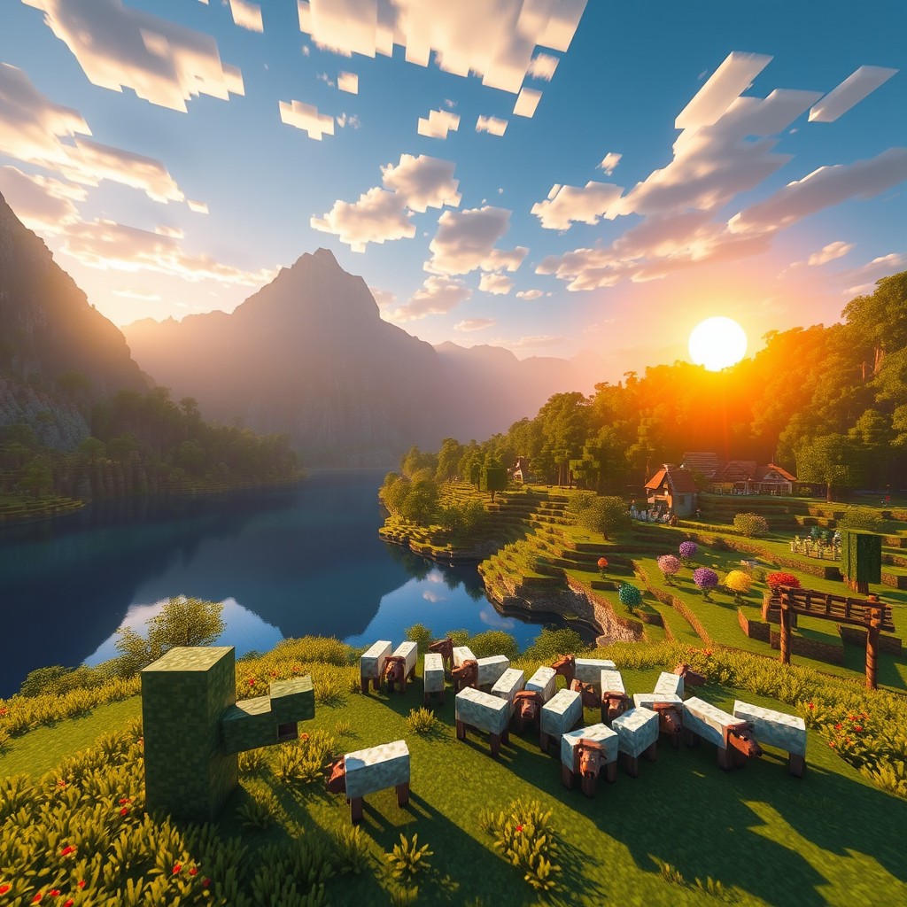 An expansive landscape from a Minecraft world, featuring towering mountains, lush green forests, and a serene lake reflecting the vibrant blue sky