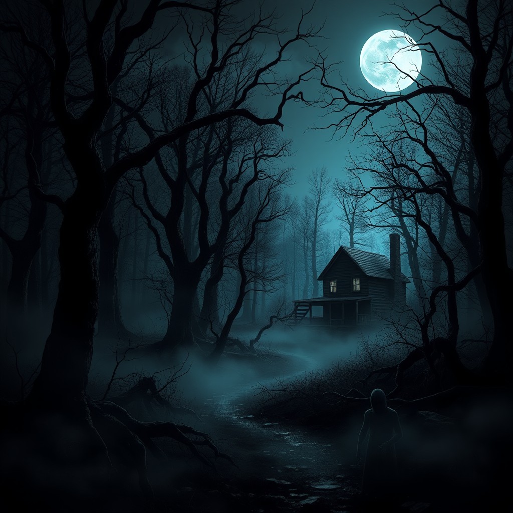 A visually striking horror scene depicting a dark, foreboding forest at night, with twisted trees and an eerie mist creeping along the ground