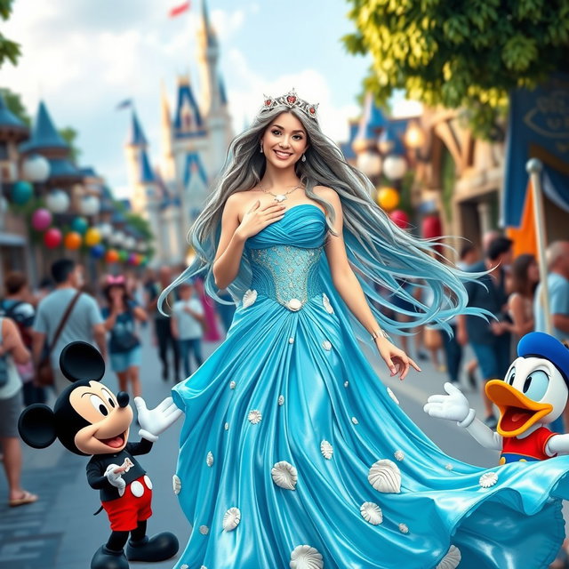 Amphitrite, the Greek goddess of the sea, elegantly dressed in her flowing azure gown that reflects the ocean waves, joyfully exploring Disneyland