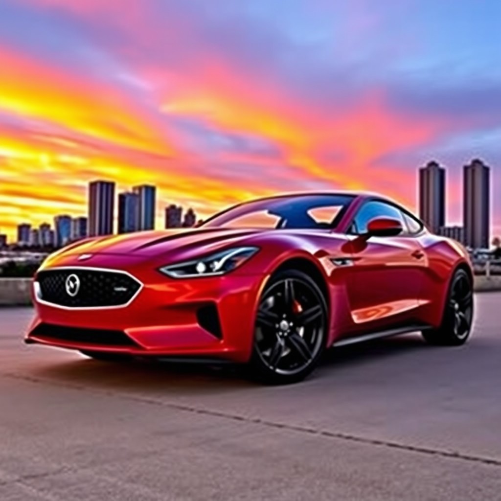 A sleek, modern sports car with a glossy red finish, parked in front of a stunning sunset skyline