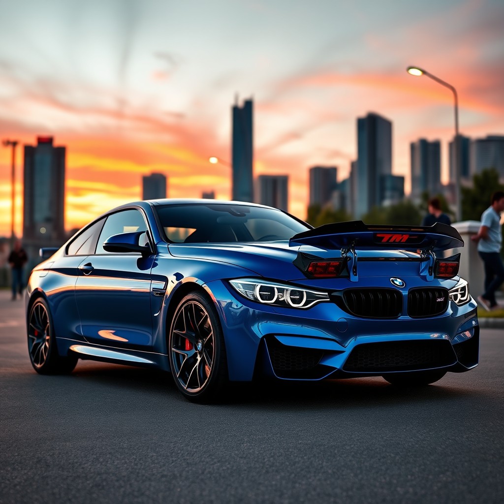 A sleek and powerful BMW M4 sports car parked in a scenic urban environment