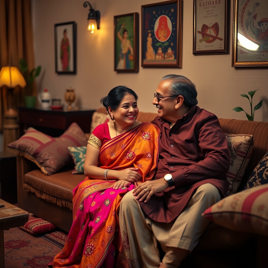 A romantic scene between a charming Desi aunty and a dapper uncle, sitting together in a cozy living room filled with traditional Indian decor