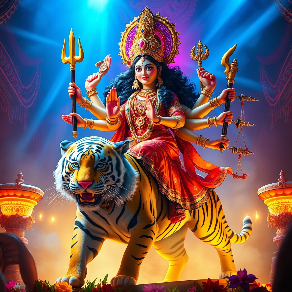 A majestic depiction of Goddess Durga, portrayed with intricate details