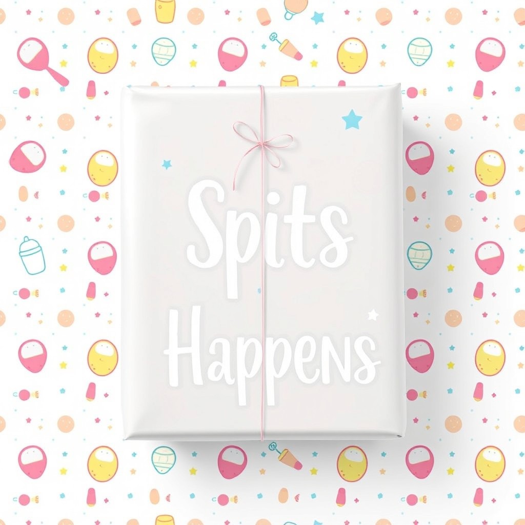 A whimsical and colorful baby shower themed wrapping paper design featuring playful illustrations of baby items such as rattles, bottles, and pacifiers