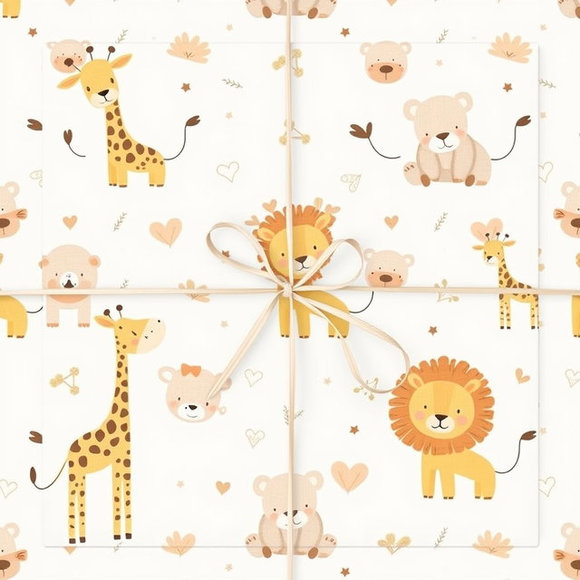 A neutral chic baby shower wrapping design featuring a whimsical pattern of cute giraffes, cuddly bears, and playful lions set against a soft white background