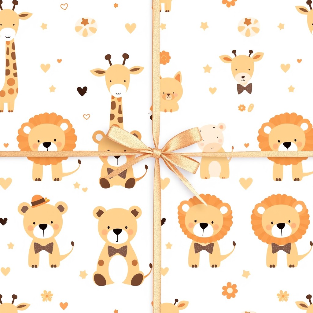 A neutral chic baby shower wrapping design featuring a whimsical pattern of cute giraffes, cuddly bears, and playful lions without bow ties, all set against a soft white background