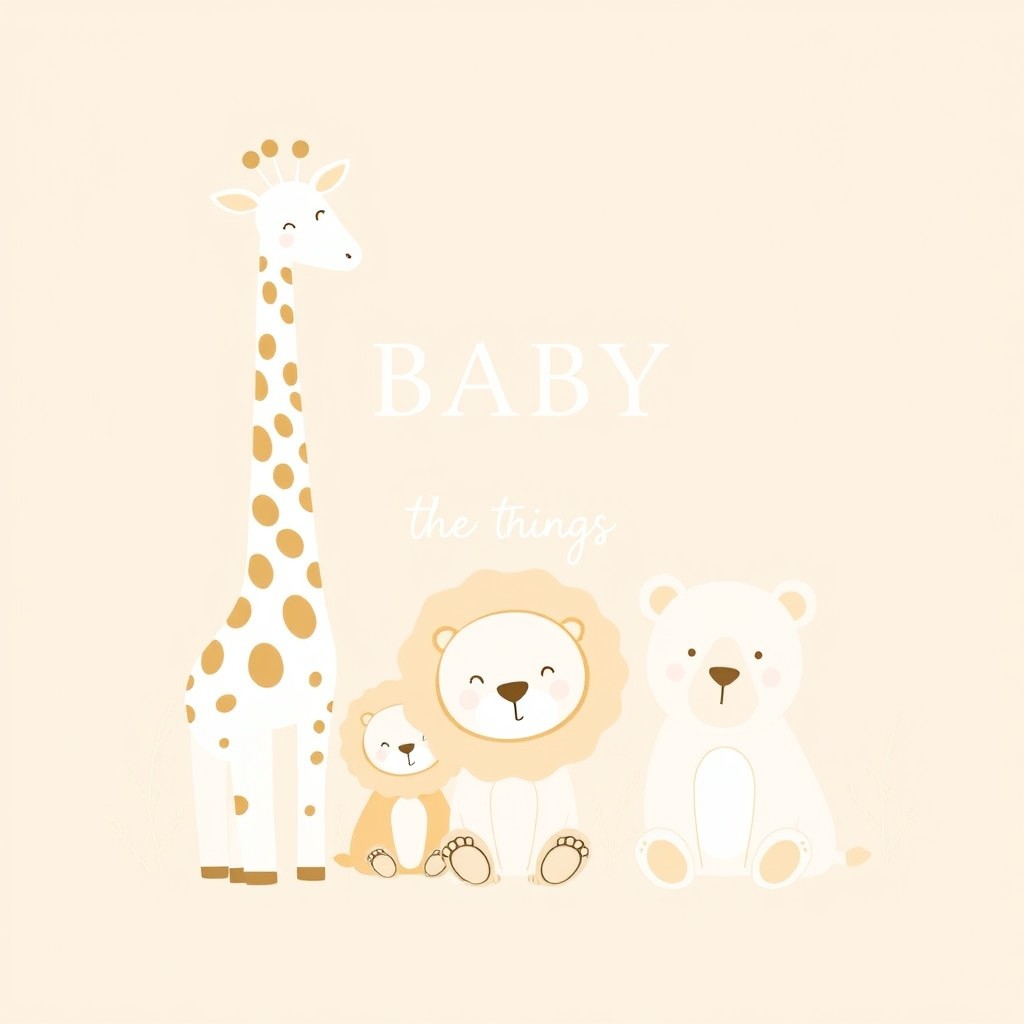 A neutral baby shower design featuring a charming arrangement of cute giraffes, gentle lions, and cuddly bears