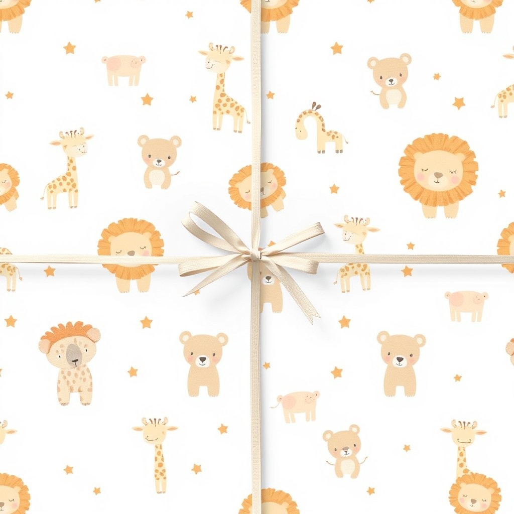 A neutral design for baby shower wrapping paper featuring adorable giraffes, gentle lions, and cute bears, arranged in a playful and whimsical pattern against a soft white background