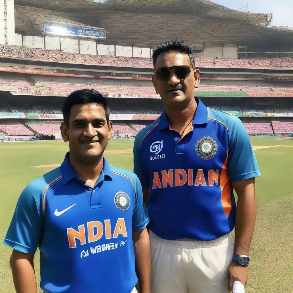 A man proudly wearing an Indian cricket jersey, number 7, standing next to Indian cricketer legend MS Dhoni