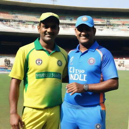 A man proudly wearing an Indian cricket jersey, number 7, standing next to Indian cricketer legend MS Dhoni