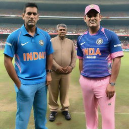 A man proudly wearing an Indian cricket jersey, number 7, standing next to Indian cricketer legend MS Dhoni