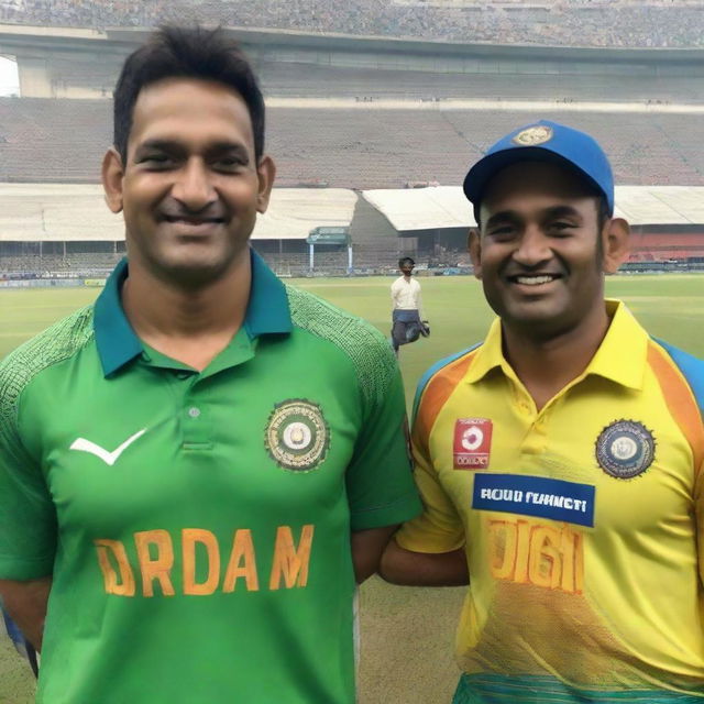 A man proudly wearing an Indian cricket jersey, number 7, standing next to Indian cricketer legend MS Dhoni