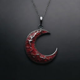 A high-resolution digital art image showcasing a dark, bloody crescent pendant