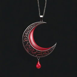 A high-resolution digital art image showcasing a dark, bloody crescent pendant