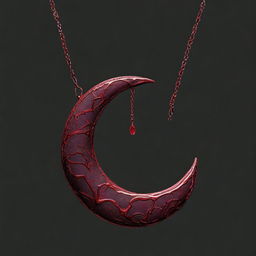 A high-resolution digital art image showcasing a dark, bloody crescent pendant