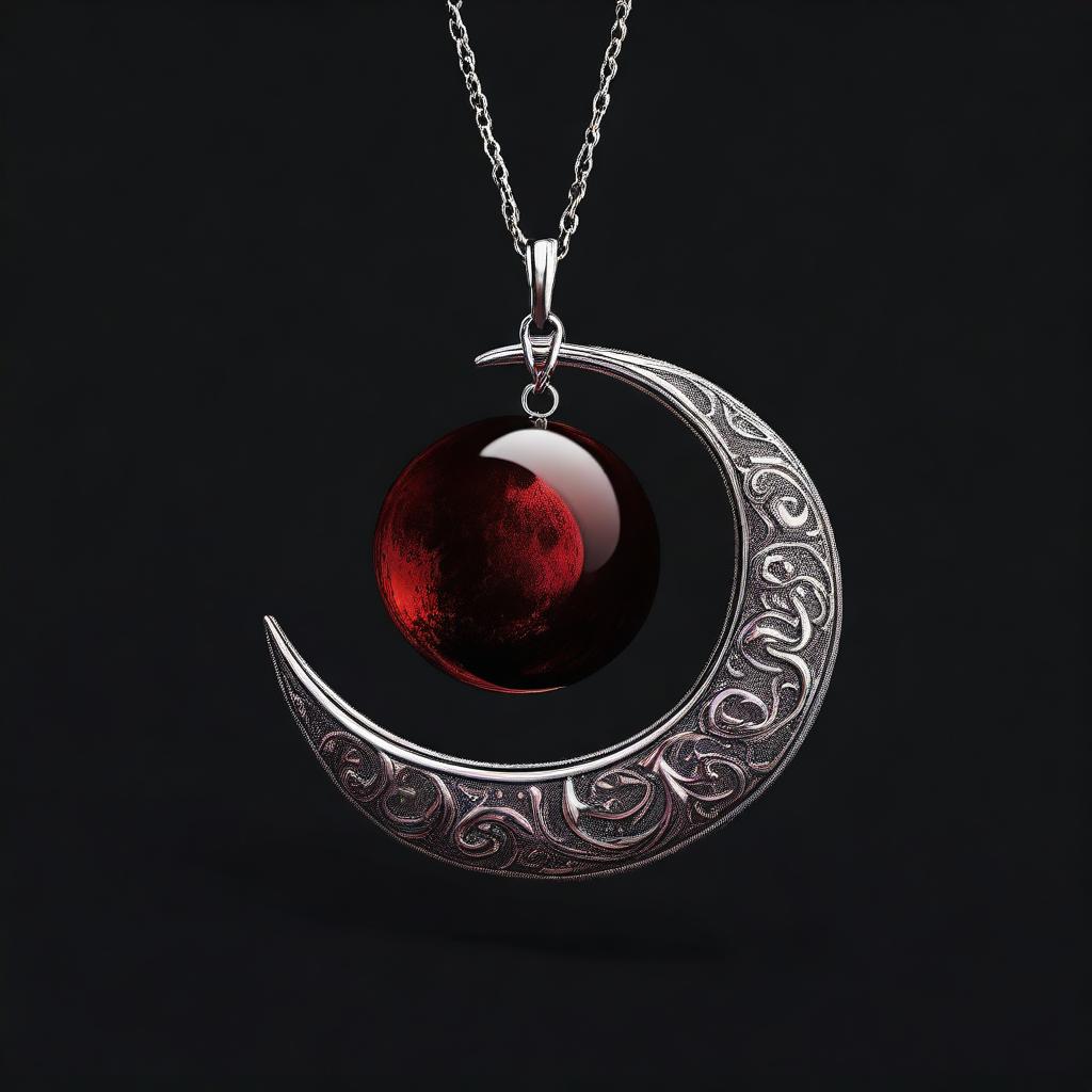 A high-resolution digital art image showcasing a dark, bloody crescent pendant