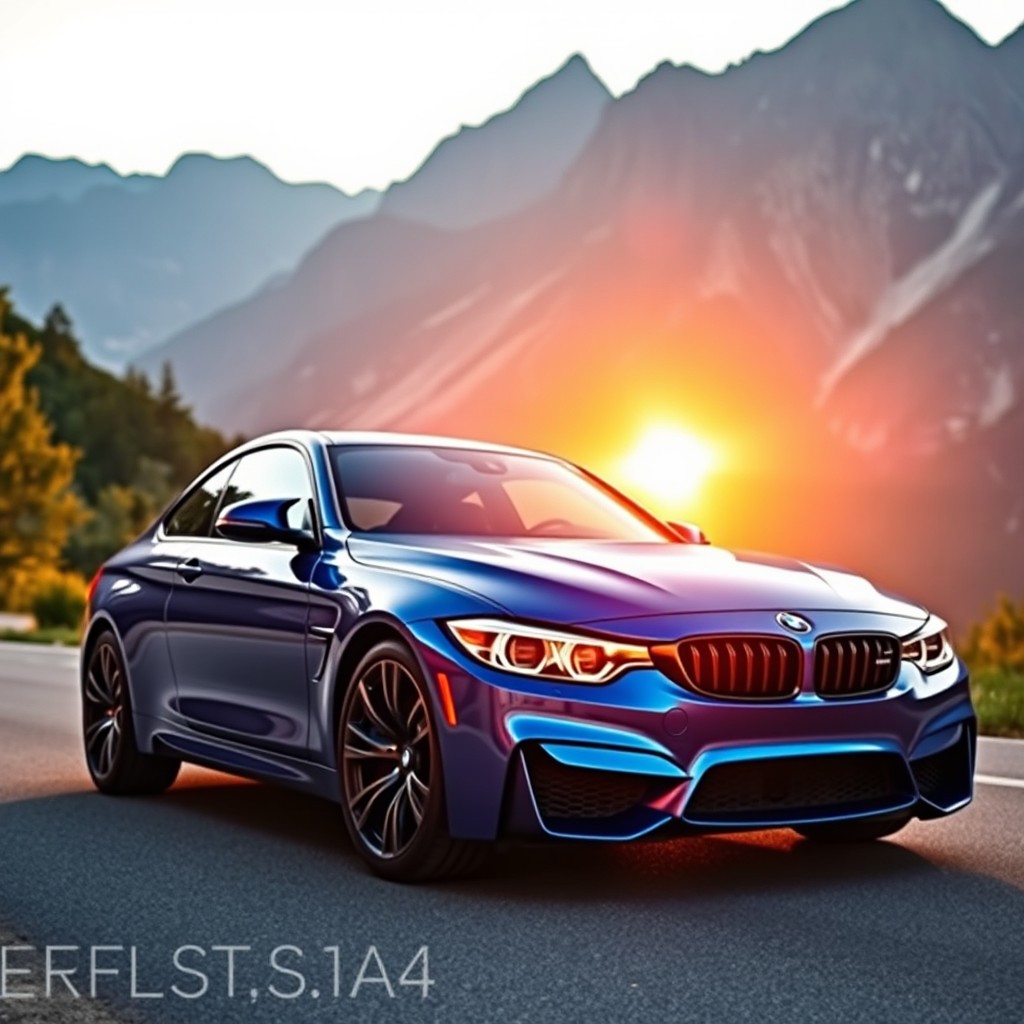 A stunning BMW M4 sports car in a vibrant blue color, parked on a scenic mountain road during sunset, surrounded by lush green trees and dramatic mountains in the background
