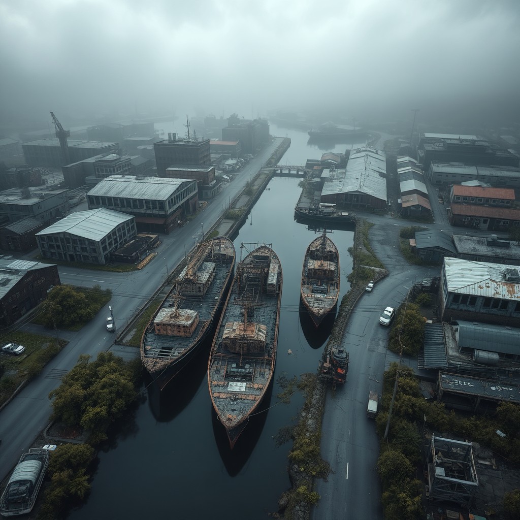 A dramatic bird's eye view of a desolate shipping town, featuring abandoned warehouses, rusted ships docked in a misty harbor, and empty streets flanked by overgrown vegetation