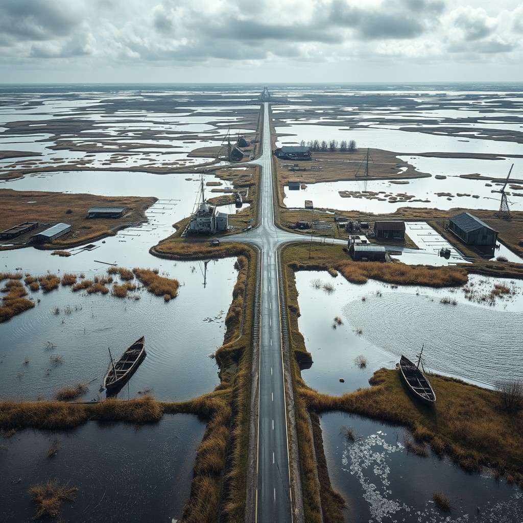 A bird's eye view of a desolate fishery and shipping town, showcasing flooded lowlands with shimmering water reflecting the sky