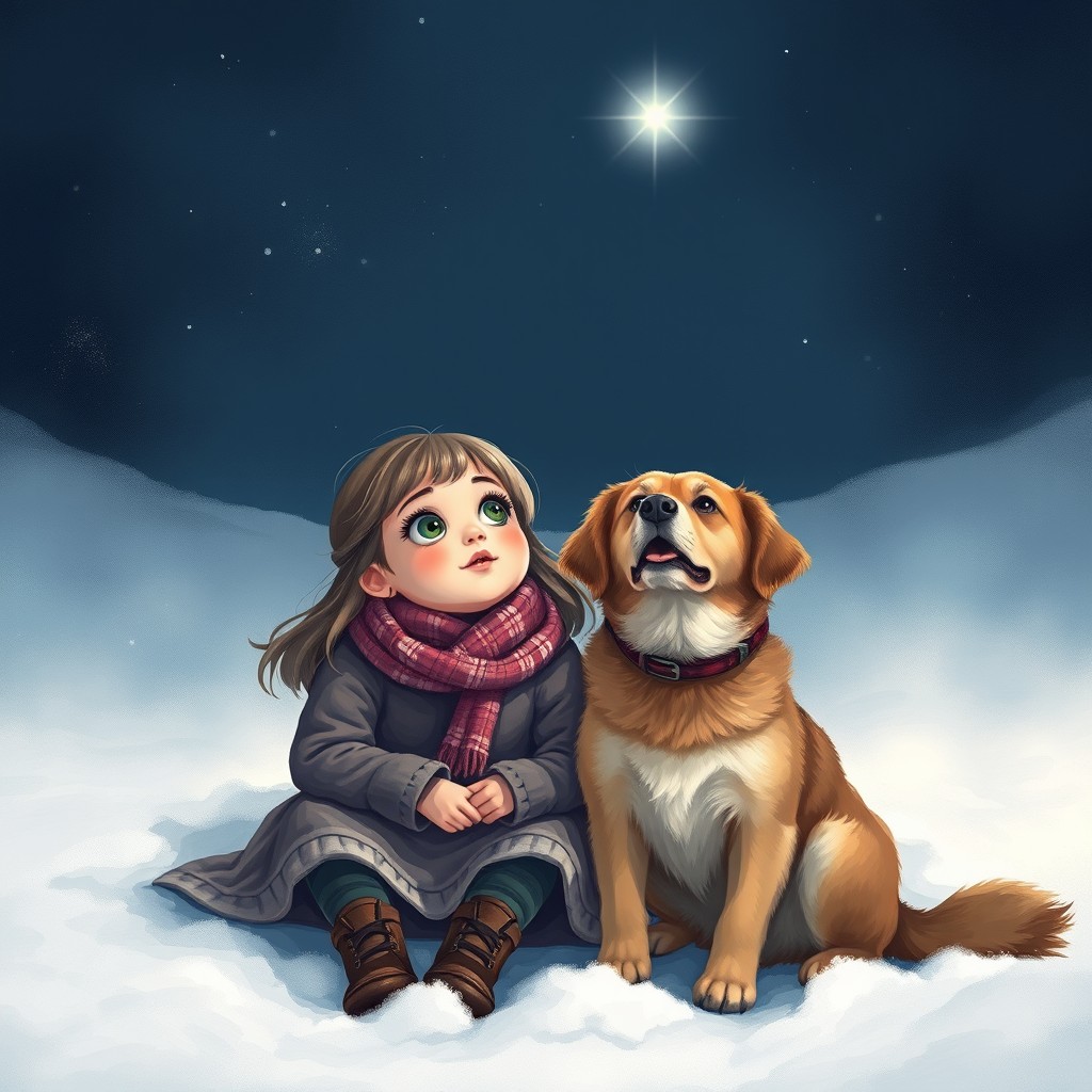 A heartwarming scene of a little girl sitting beside her loyal dog in the shadows, surrounded by soft, glistening snow