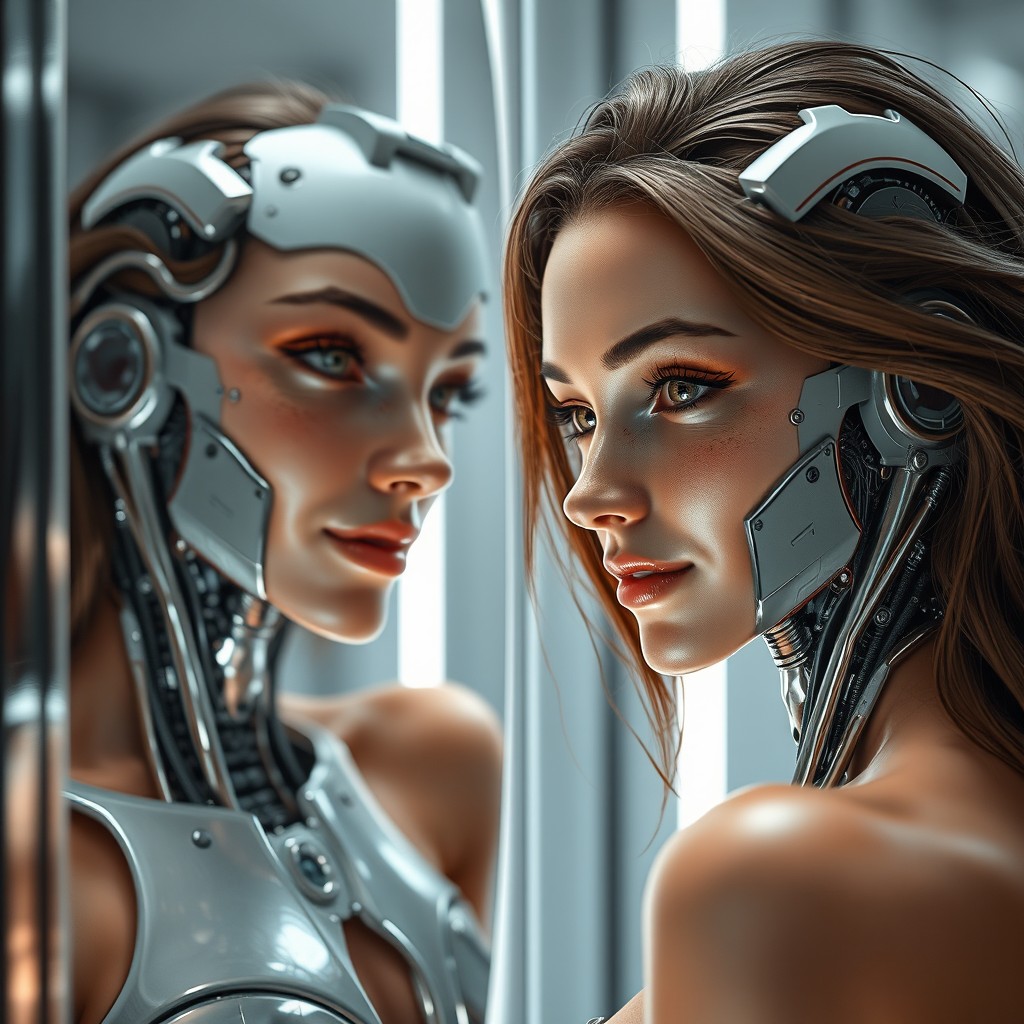 A cyborg woman with a soft smile, gazing into a mirror