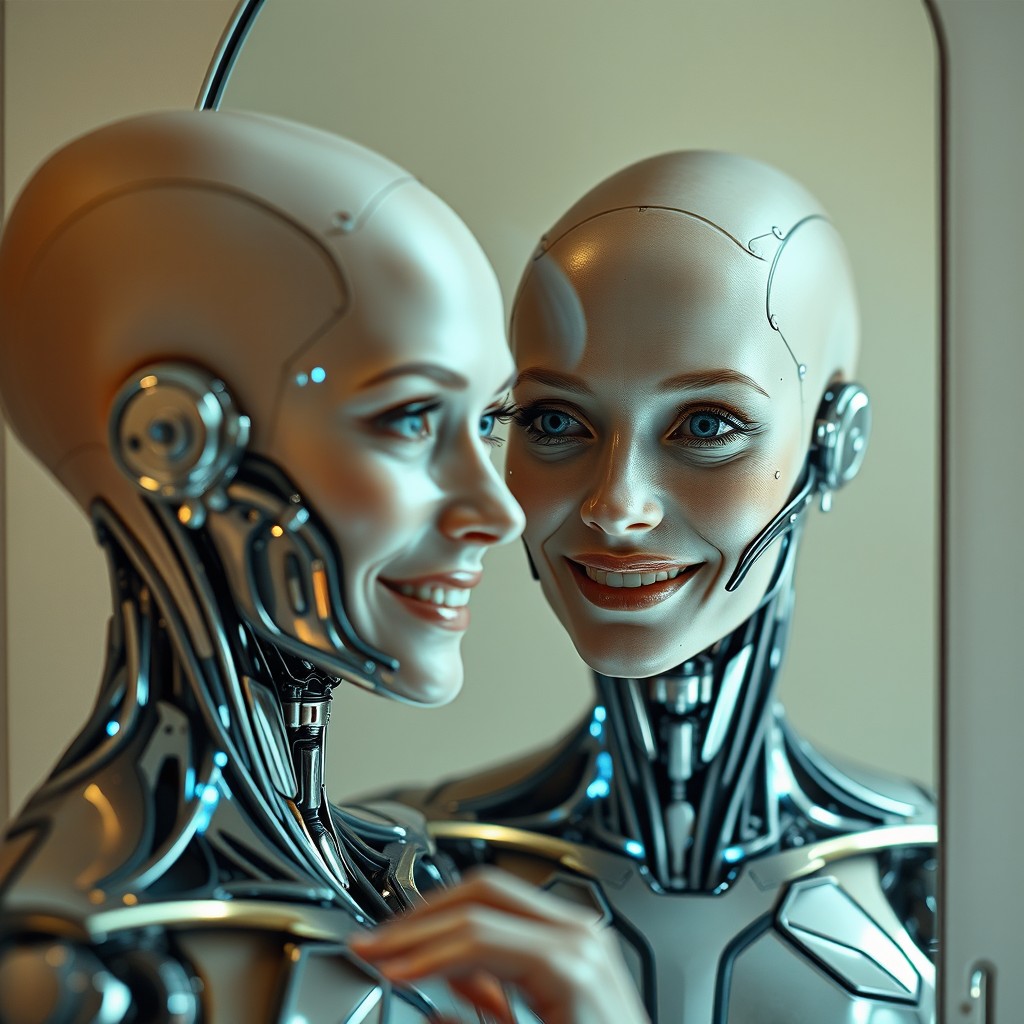 A cyborg woman with a soft, warm smile, her head completely bald, looking directly into a mirror with an inviting expression