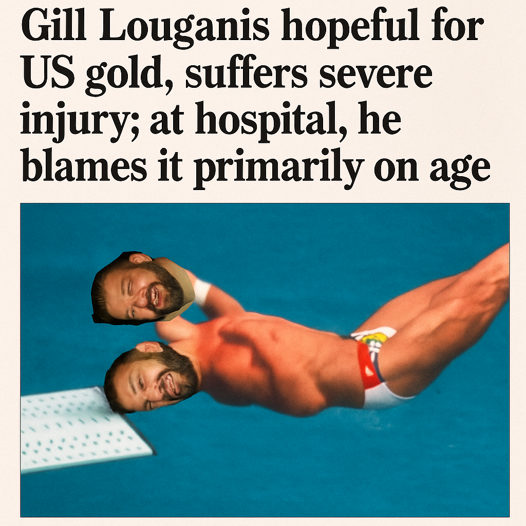 Put these pictures on a news article that says Gill Louganis hopeful for the US Gold suffer severe injury at hospital he blames it primarily on age