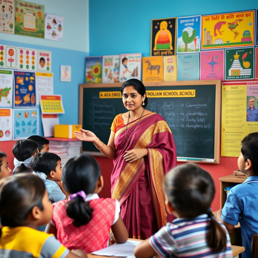 A dedicated Indian school teacher in a vibrant classroom setting, surrounded by colorful educational posters and engaged students