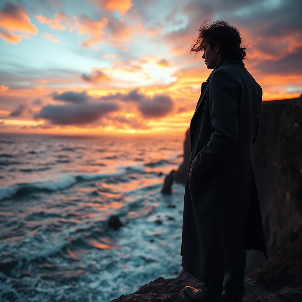 A dramatic and striking portrait of a lone figure standing on a cliff's edge, gazing out over a tumultuous ocean during sunset
