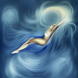 Abstract painting illustrating the ethereal beauty of a person in flight