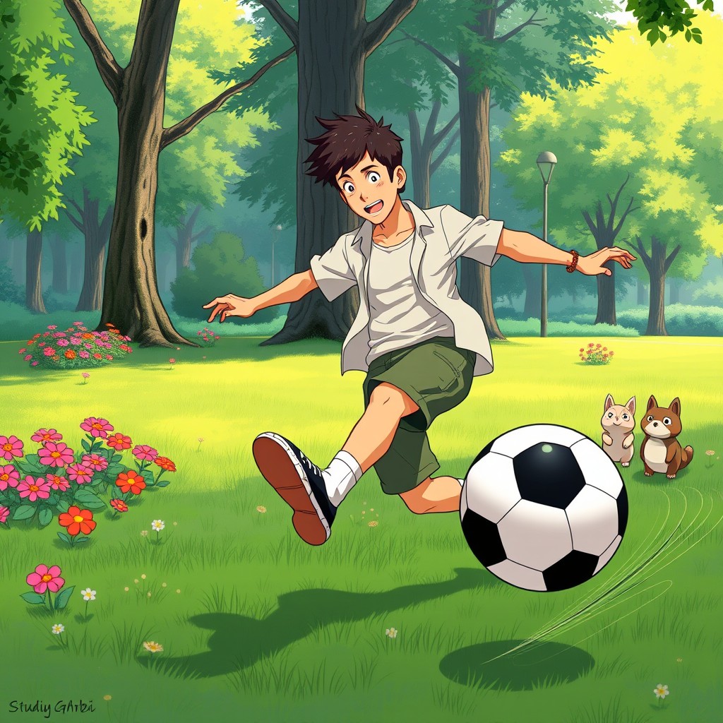 A man energetically kicking a soccer ball, captured in the whimsical and colorful style of Studio Ghibli