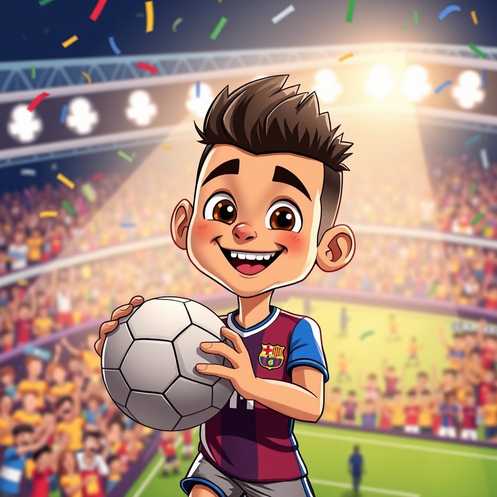 A cartoon representation of Neymar holding a soccer ball with a big smile on his face