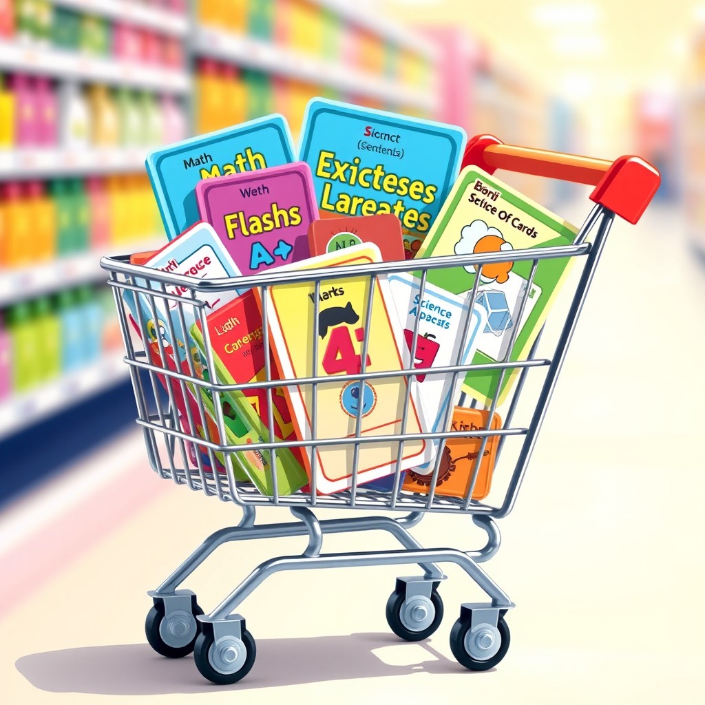 A vibrant and colorful illustration of a shopping cart filled with various flash cards that feature different subjects such as math, science, and languages