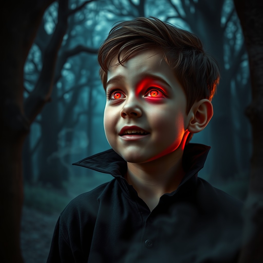 A young boy of around 8 years old undergoing a mystical transformation into a vampire