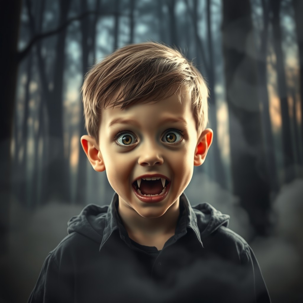 A young boy of around 8 years old transforming into a vampire, showcasing his elongated fangs prominently as he undergoes the magical transformation