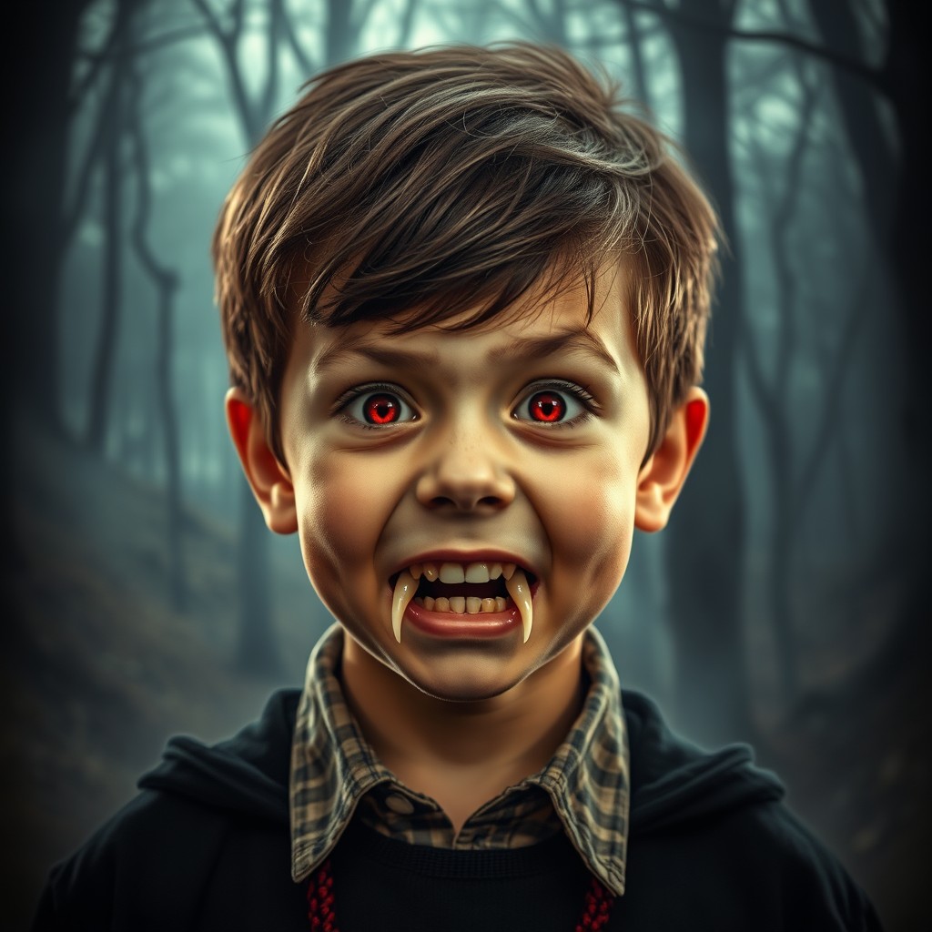A young boy of around 8 years old undergoing a magical transformation into a vampire, showcasing his prominent fangs and glowing red eyes