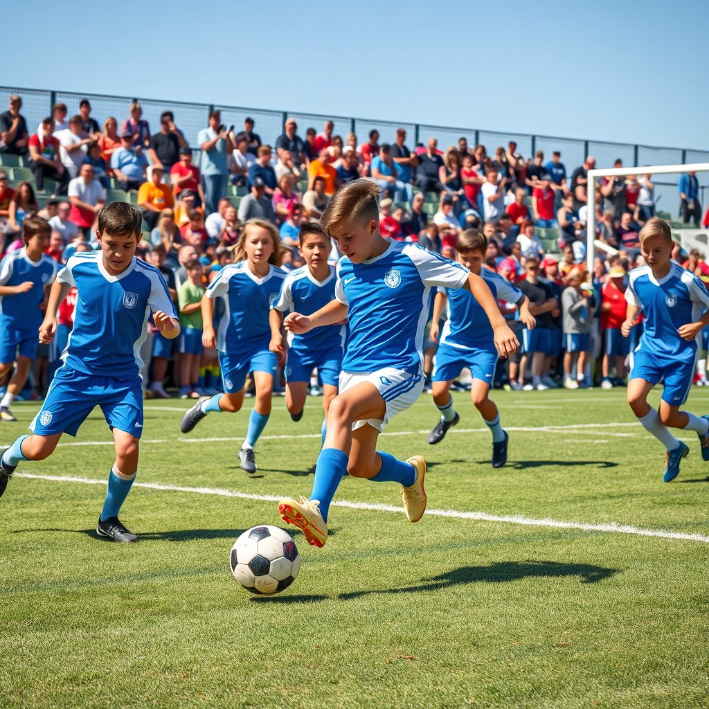 A dynamic scene featuring a group of young, athletic soccer players engaged in an intense training session