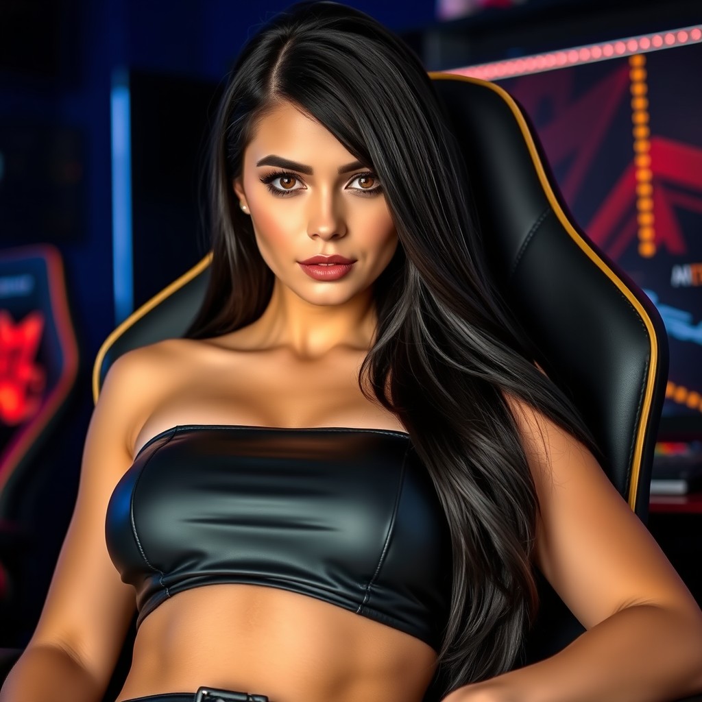 A woman with long black hair and striking honey-colored eyes, sitting confidently in a gaming chair while looking directly at the camera